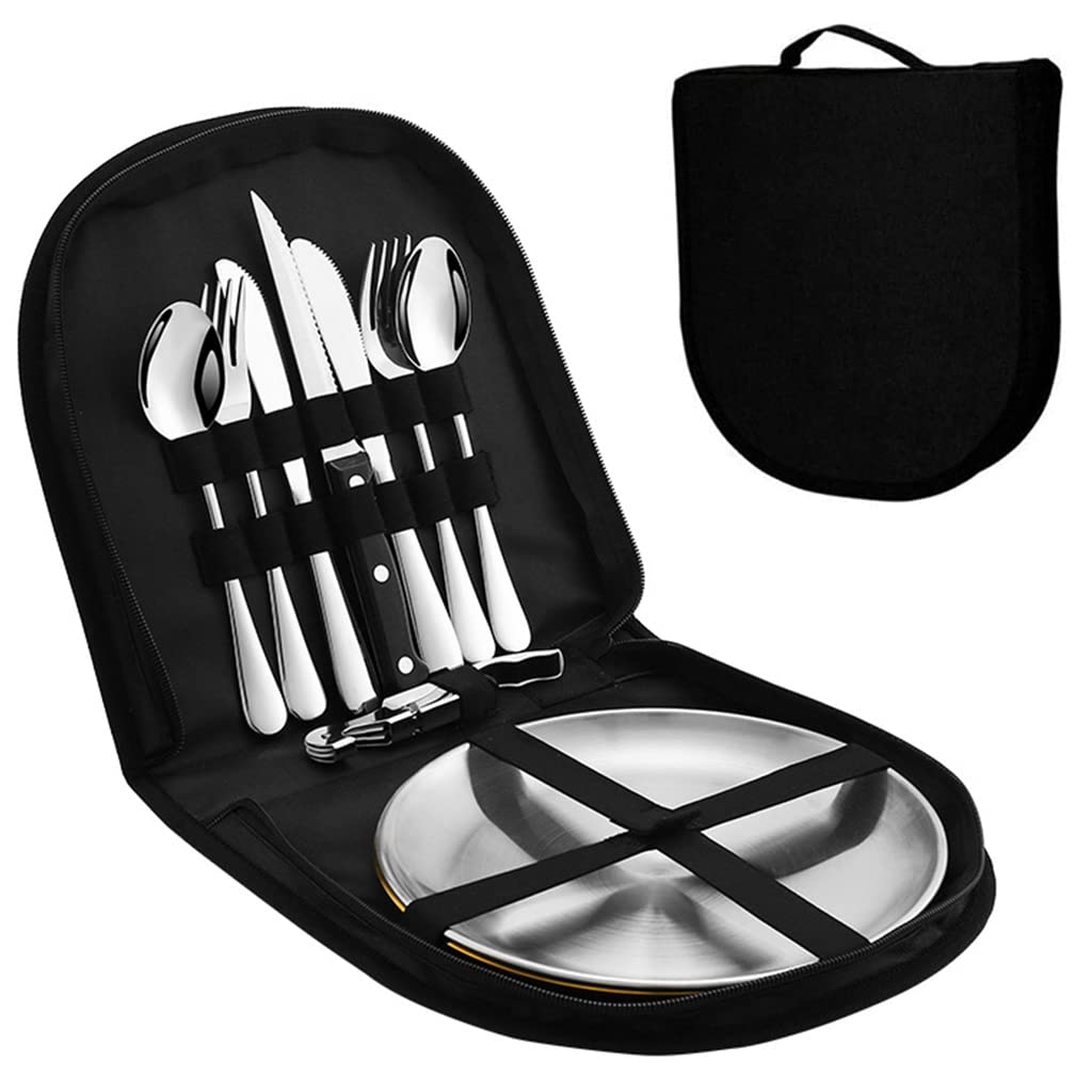 Proberos 10Pcs Cutlery Set for 2 Person with Portable Bag, Food-Grade Stainless Steel Picnic Set Include Plate Knife Fork Spoon Opener Wine Opener, Lightweight Cutlery Set for Camping Picnic Travel Proberos 10Pcs Cutlery Set for 2 Person with Portable Bag, Food-Grade Stainless Steel Picnic Set Include Plate Knife Fork Spoon Opener Wine Opener, Lightweight Cutlery Set for Camping Picnic Travel